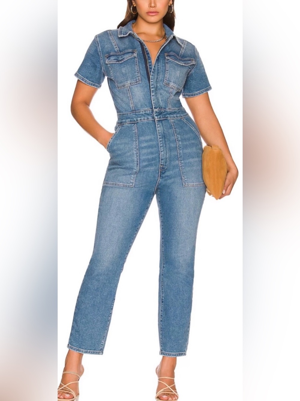 GOOD AMERICAN NWT 
Denim Short-Sleeve Jumpsuit - Light Blues